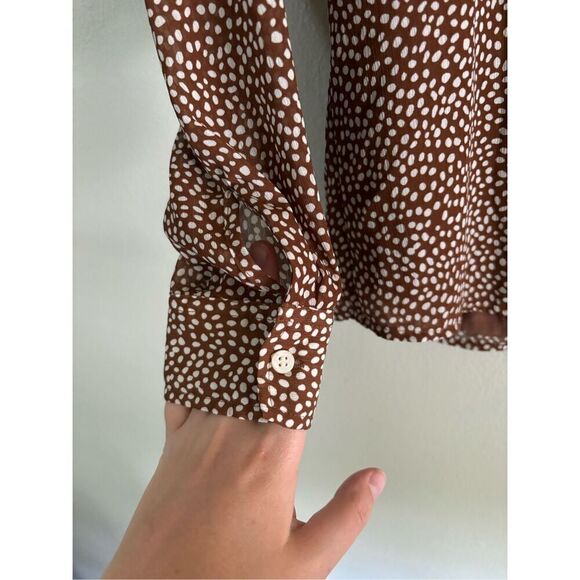 J. Crew Factory SZ XS Brown and White Ruffle Button Up Blouse Preppy Careerwear - Picture 3 of 7